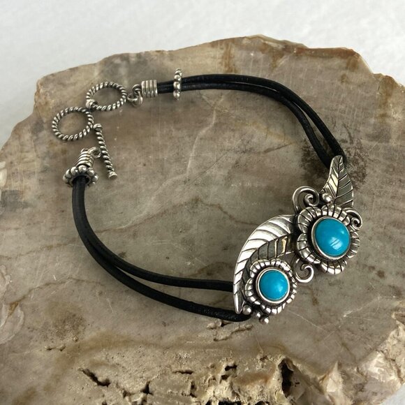Sterling Silver 925 Dakota West Floral Leaf Turquoise Cabochon Cord Bracelet 8" - Picture 5 of 16